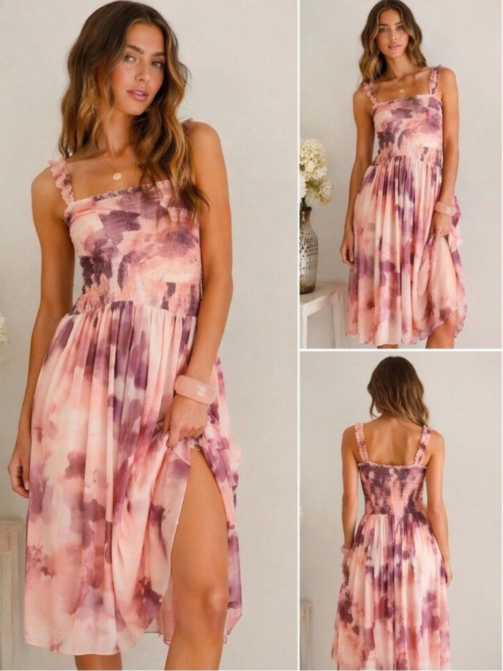 Free People Revolve Large Tessa Smocked Midi Dress Soft Combo Watercolor NEW